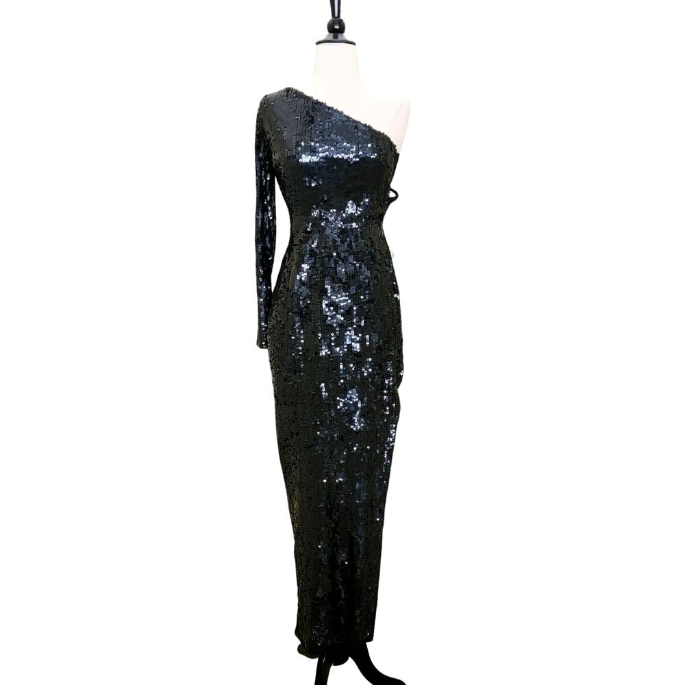 Mac Duggal Formal One Shoulder Sequin Gown 10788 Black Beaded Evening Dress 0